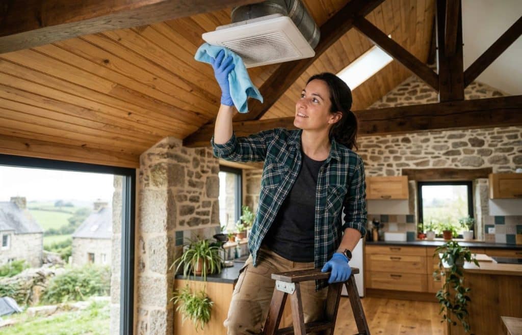 femem nettoie avec chiffon micro fibre grilel aération vmc plafond salon maison bretagne pierre poutre apparente