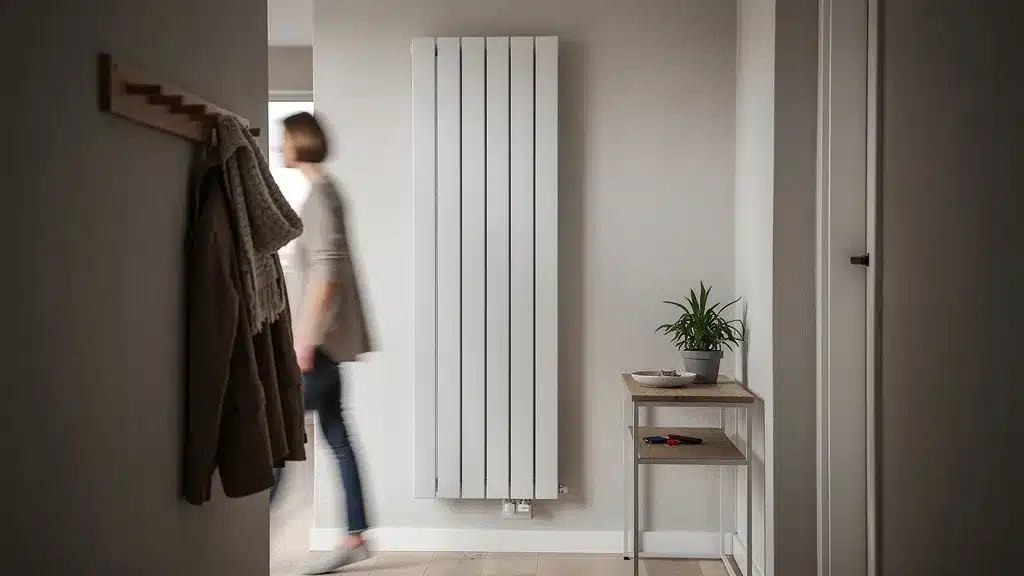 Où installer un radiateur vertical pour un maximum d'efficacité et de style ? - Optimiser espace avec radiateurs verticaux A stylish, narrow hallway with a tall, slim vertical radiator mounted on the wall, demonstrating efficient use of limited