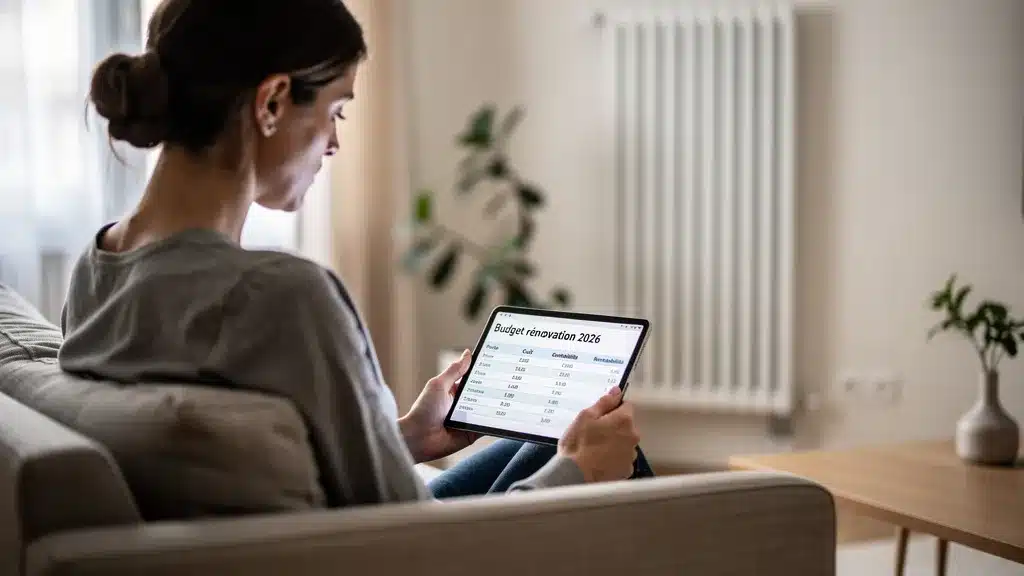 Radiateur vertical : quel budget prévoir et quelle rentabilité en 2026 ? - Optimiser espace avec radiateurs verticaux A person looking at a digital tablet displaying a budget spreadsheet for home renovation, with a modern vertical radiator