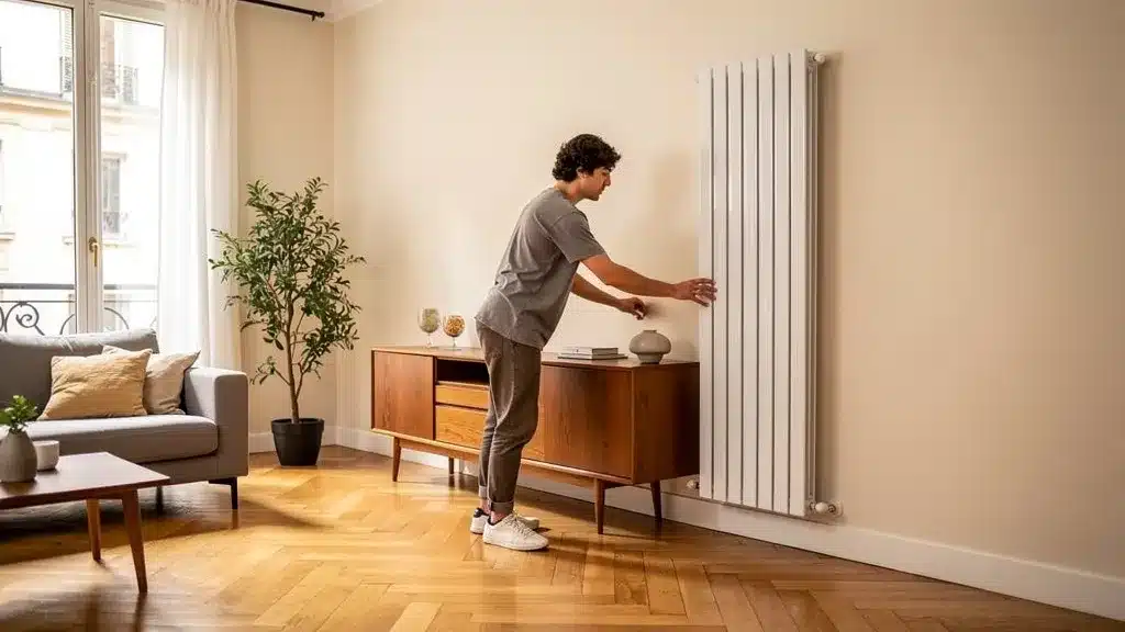 Comment les radiateurs verticaux transforment-ils votre espace intérieur en 2026 ? - Optimiser espace avec radiateurs verticaux A modern, minimalist living room with a sleek, tall vertical radiator integrated seamlessly into the wall, showcasing open