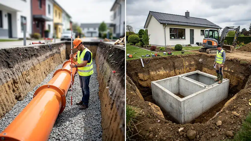 Photo représentant assainissement collectif vs individuel : le comparatif travaux tranchée tuyau bloc béton