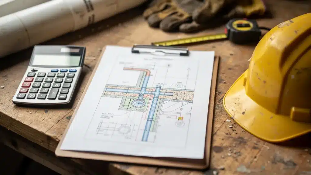 Illustration calculatrice budget chantier travaux casque avec schéma raccordement d'assainissement