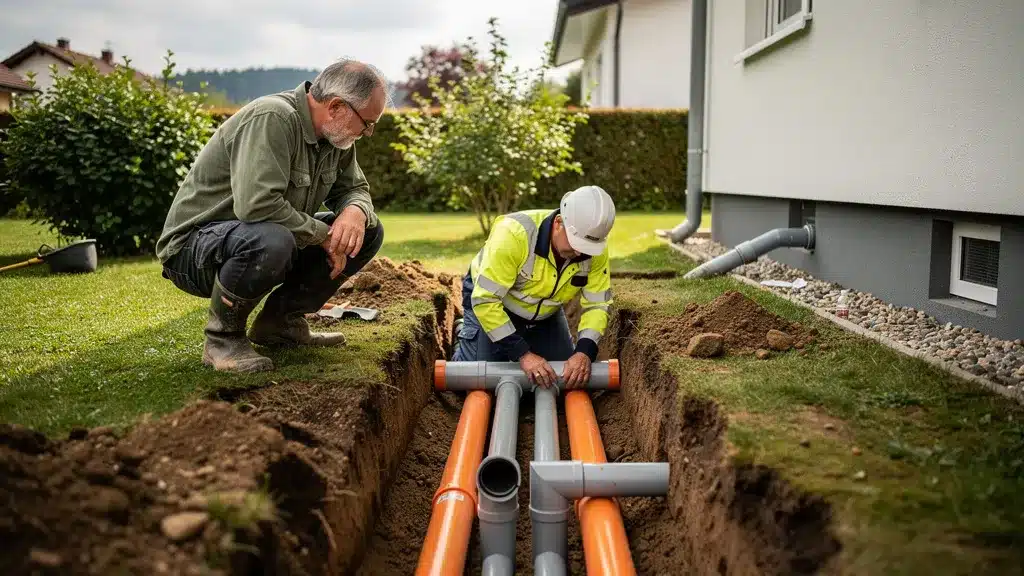 mètre linéaire pour le raccordement au tout-à-l'égout tuyau tranchée jardin intervention technicien