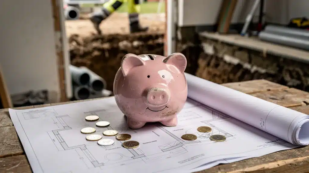 Quelles aides financières pour réduire le coût de vos travaux en image épargne cagnotte cochon tirelire sur plan de chantier