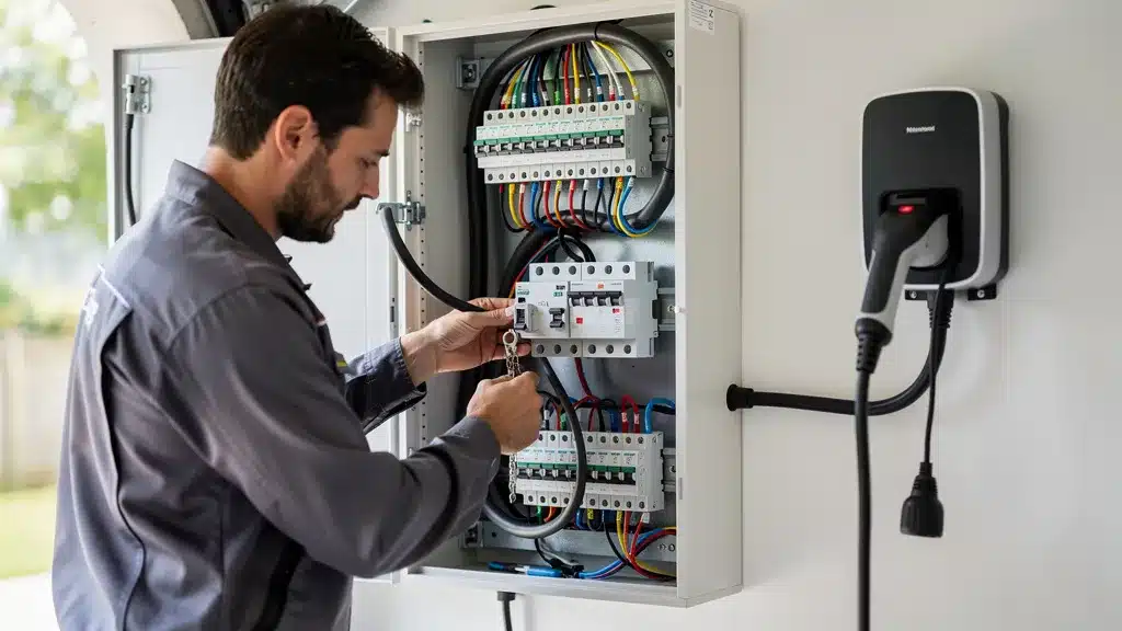 Schéma de montage du disjoncteur dans le tableau électrique - Quel disjoncteur pour une borne de recharge 7kW Vue detaillee : schéma de montage du disjoncteur dans le tableau électrique