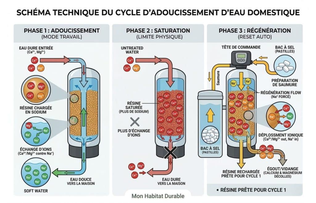 Schéma technique montrant les 3 phases du cycle d'un adoucisseur d'eau à résine : adoucissement (échange d'ions), saturation et régénération par saumure.