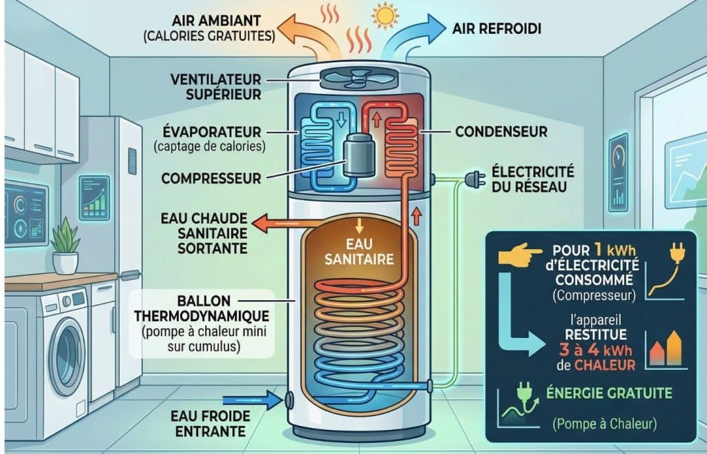 Schéma technique du fonctionnement d'un ballon thermodynamique expliquant la récupération des calories de l'air ambiant par la mini pompe à chaleur pour chauffer l'eau sanitaire.