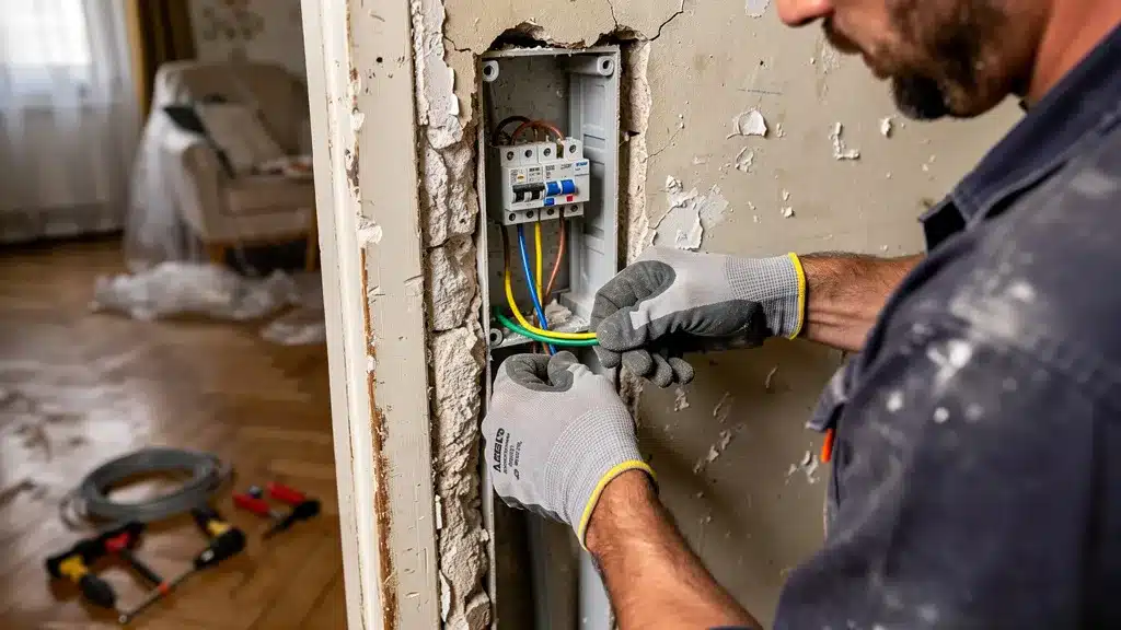 Câblage 3 fils : l'astuce pour la rénovation électrique - Schema telerupteur homme chantier électrique réparation câblage 3 fils : l'astuce pour la rénovation électrique gants de protection vieux mur platre
