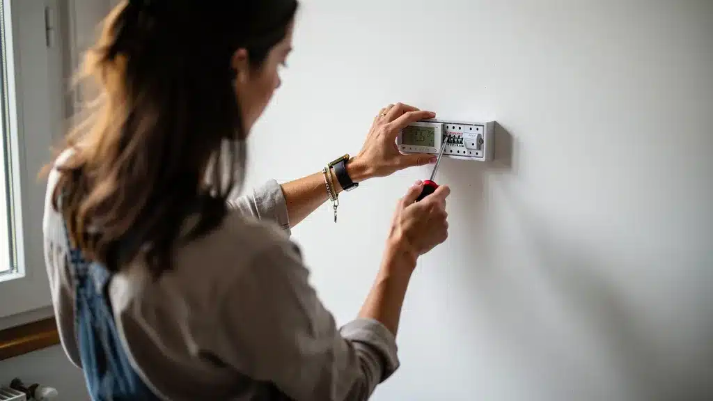 Photo representant comment brancher le module heatzy sur un fil pilote femme avec tournevis