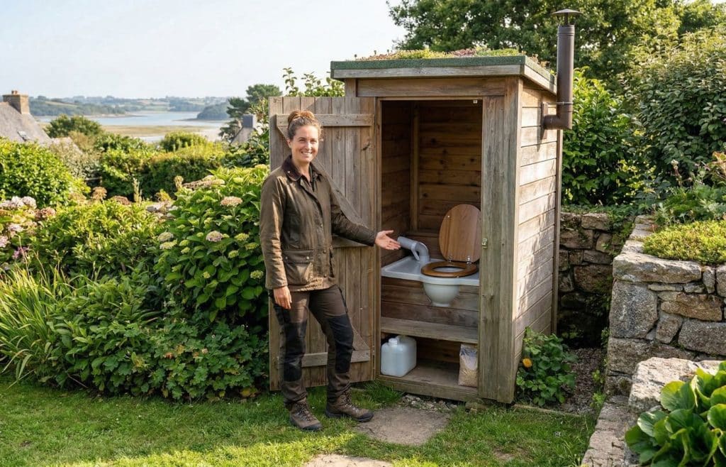 aménagement de toilettes sèches d'extérieur dans une cabane en bois avec système à séparation, installé dans un jardin en Bretagne