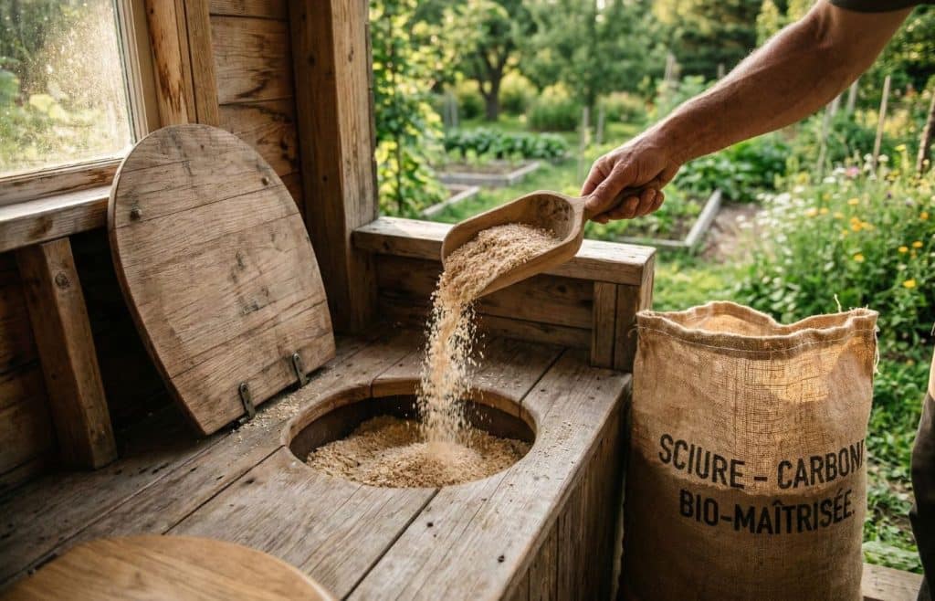 Ajout d'une dose de sciure riche en carbone dans une toilette sèche d'extérieur en bois fonctionnant sur le principe classique de la litière biomaîtrisée (TLB).