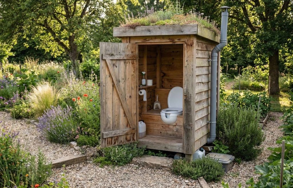 Aménagement écologique dans un jardin : une cabane en bois avec un toit végétalisé abritant des toilettes sèches à séparation d'urine, équipées d'une lunette spécifique et d'un système d'évacuation extérieur.