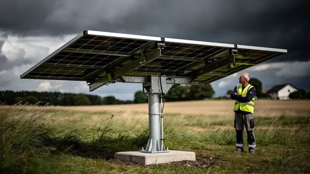 Installation au sol : Résistance au vent et sécurité - Tracker solaire Illustration de installation au sol : résistance au vent et sécurité dans le contexte de tracker solaire