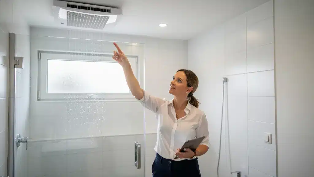 Santé et confort : la VMC hygroréglable contre la moisissure - VMC hygroréglable femme montre au plafond salle de bain VMC hygroréglable contre la moisissure