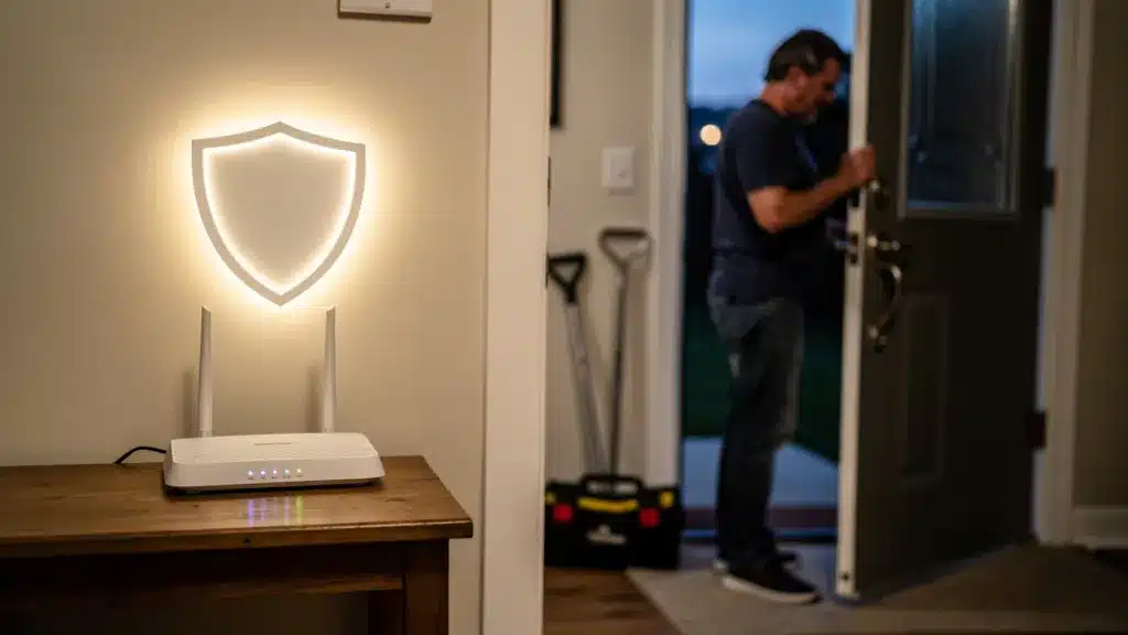 A conceptual image showing a glowing shield icon over a pour brouillage et piratage : sécuriser son système d'alarme