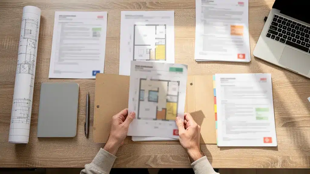 Bureau, document, maison illustrant les 5 documents clés pour un audit énergétique sans valeurs par défaut