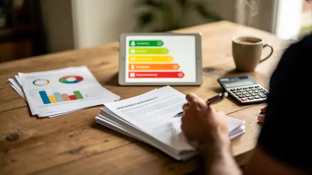 Scene montrant ecran, graphique, table en rapport avec dpe et audit énergétique réglementaire : quelles différences de coût