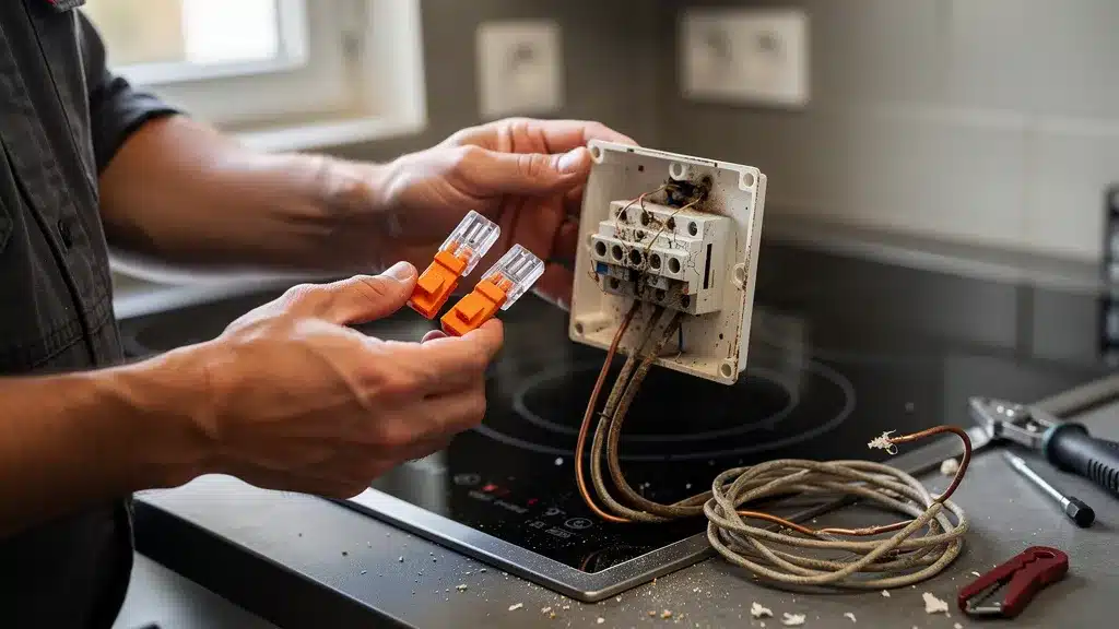 Main, mains, tenant illustrant matériel interdit et recommandé pour raccorder votre plaque