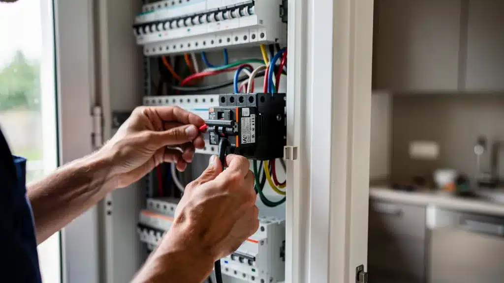 Editorial photo showing an electrical panel with a clear pour prérequis 2026 : câble 6mm² et disjoncteur 32a obligatoires