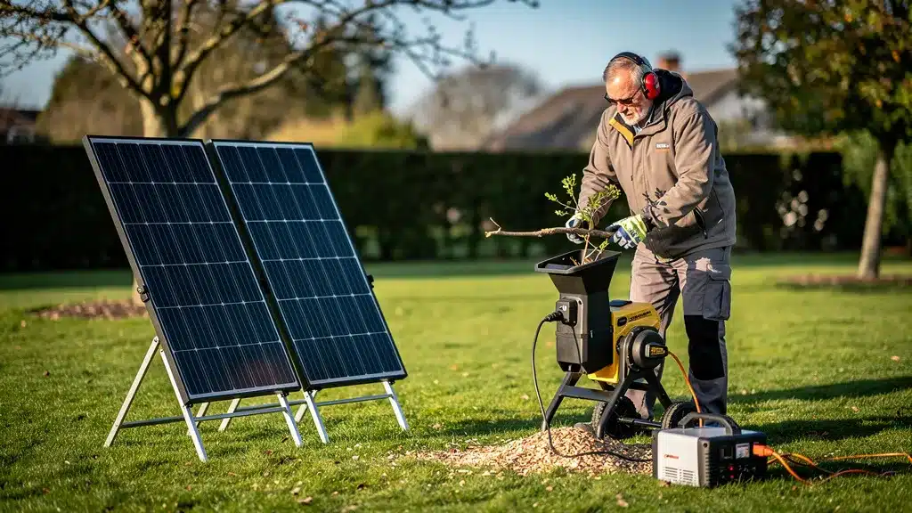A modern plug-and-play solar panel set up on a lawn pour rentabiliser un broyeur électrique avec des panneaux solaires