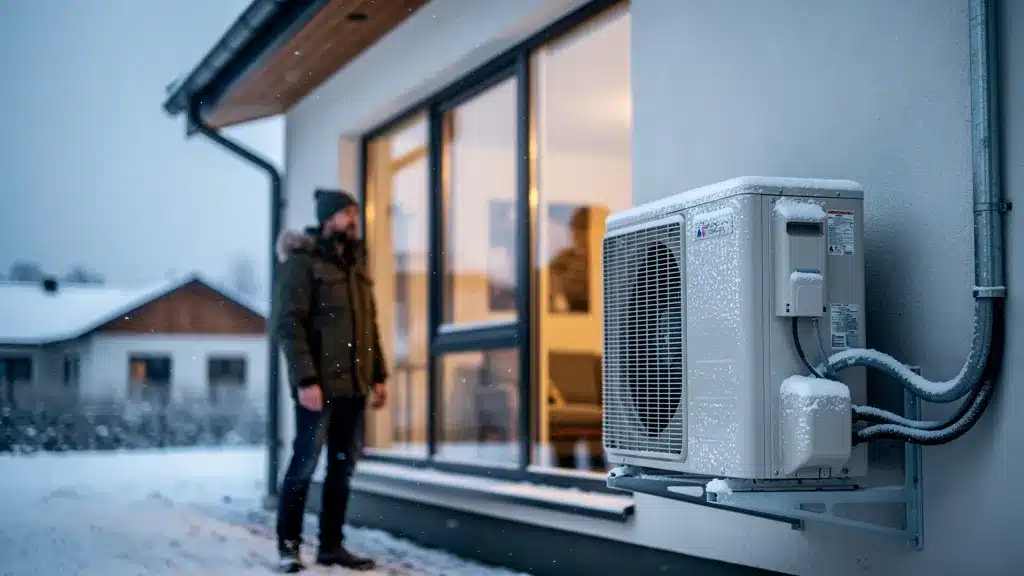 pompe à chaleur air-eau sous la neige hiver habitation maison coté jardin