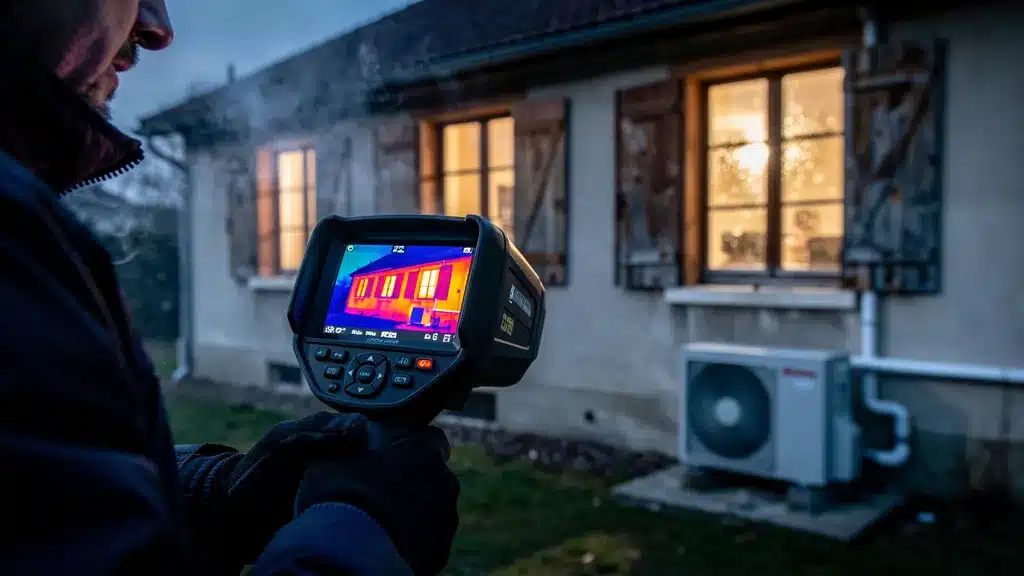 Scene montrant ecran, montrant, maison en rapport avec les 3 facteurs qui impactent la consommation de votre pac caméra thermique déperdition de chaleur