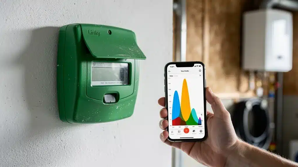 Telephone, smartphone, graphique illustrant suivre la consommation de sa pompe à chaleur avec le compteur linky