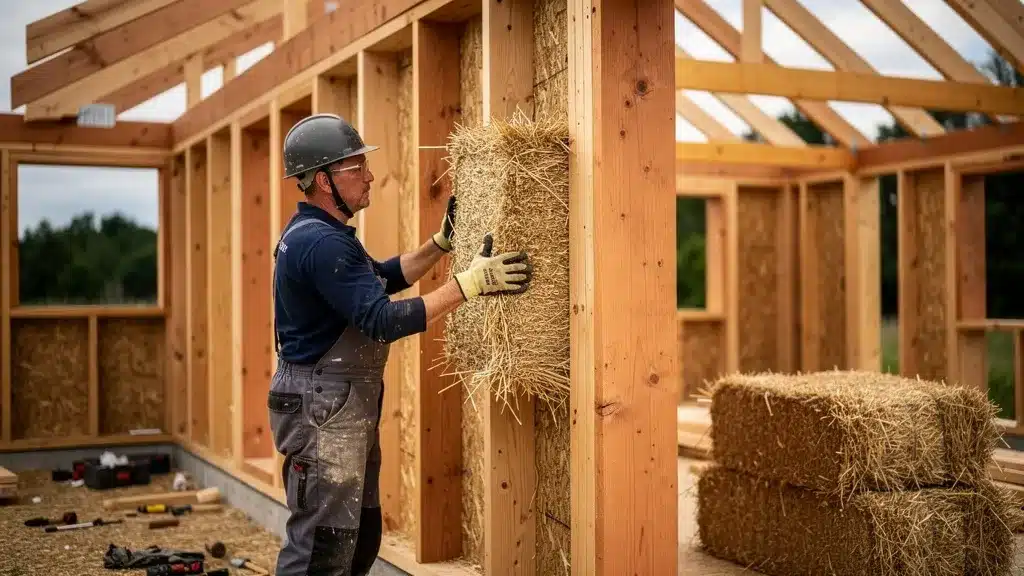 Maison en paille porteuse ou ossature bois : que choisir ? - Construction en paille Editorial photo of a timber frame house under construction pour maison en paille porteuse ou ossature bois : que choisir