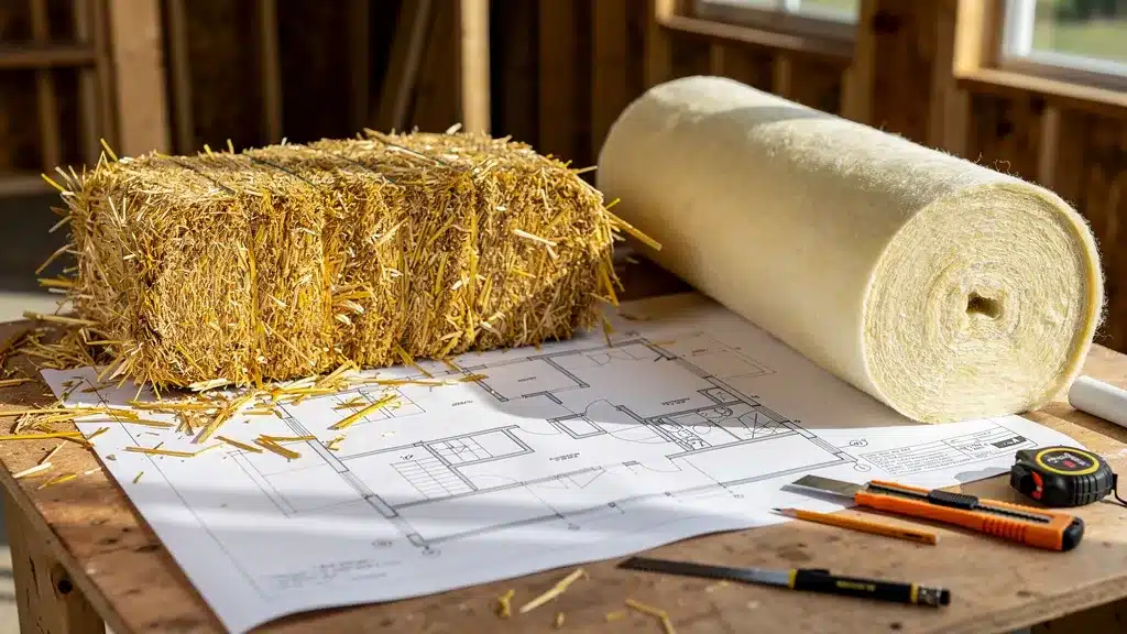 Prix d'une construction en paille : le comparatif 2026 - Construction en paille Montrant et stylo, bleu pour prix d'une construction en paille : le comparatif 2026