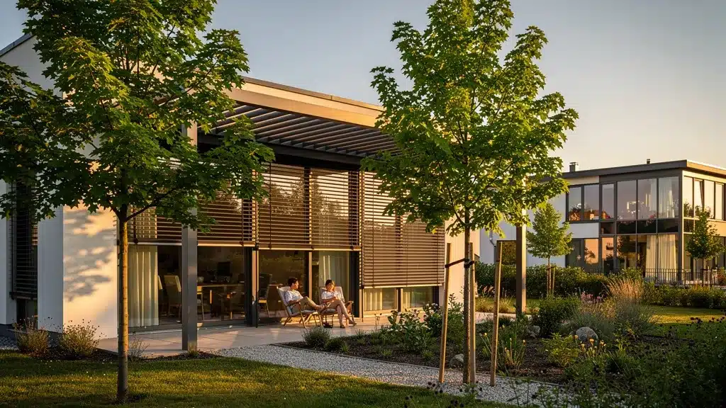 Scene montrant maison, arbre, fenetre en rapport avec architecture bioclimatique : orienter sa maison basse consommation