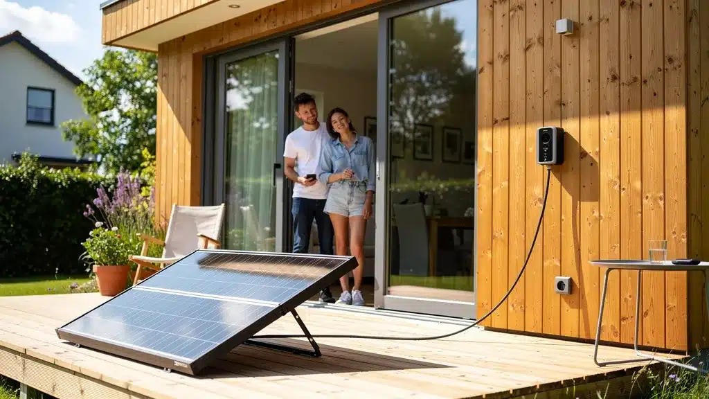 Photo de maison avec porte pour énergie solaire : autoconsommation pour une maison en bois bbc