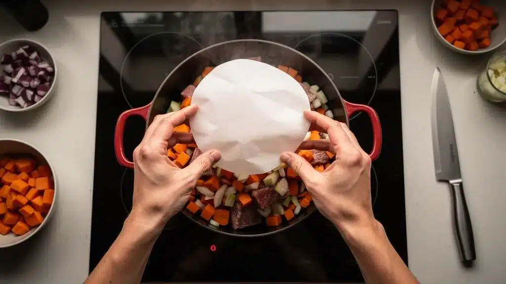 Photo de papier avec main pour comment cuire à l'étouffée au four ou sur plaque induction