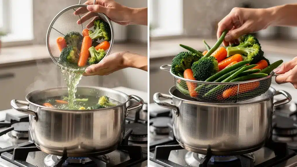 Scene montrant graphique, montrant, table en rapport avec cuisson à l'étouffée vs ébullition : le comparatif santé 2026