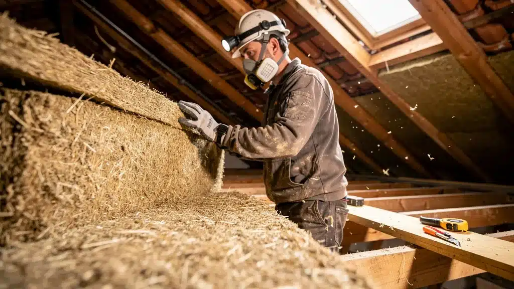 Isolation thermique : La priorité absolue de l'éco-PTZ - Éco prêt à taux zéro Close up of ecological hemp insulation material being pour isolation thermique : la priorité absolue de l'éco-ptz