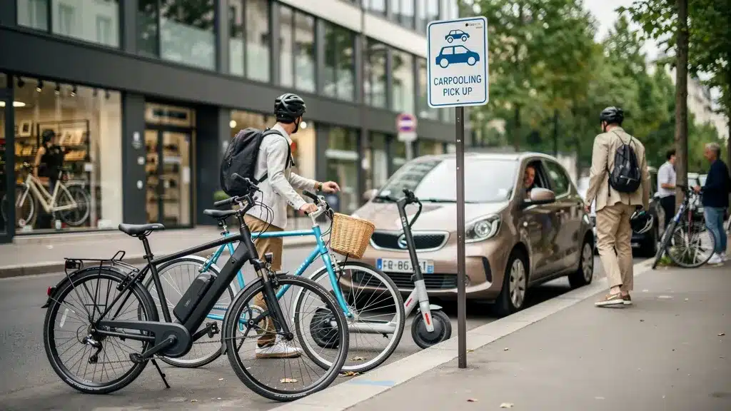 Quels transports éligibles au forfait mobilités durables ? - Forfait mobilité durable A row of various sustainable transport modes parked pour quels transports éligibles au forfait mobilités durables