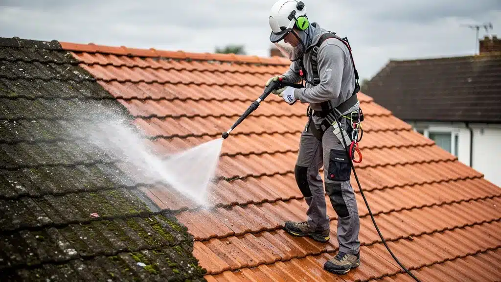 Scene montrant personne, utilisant, epure en rapport avec nettoyage haute pression et diagnostic des tuiles poreuses