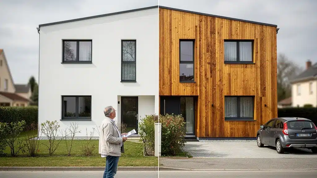 Ecran, montrant, maison illustrant enduit de façade vs bardage bois : l'impact sur le devis final