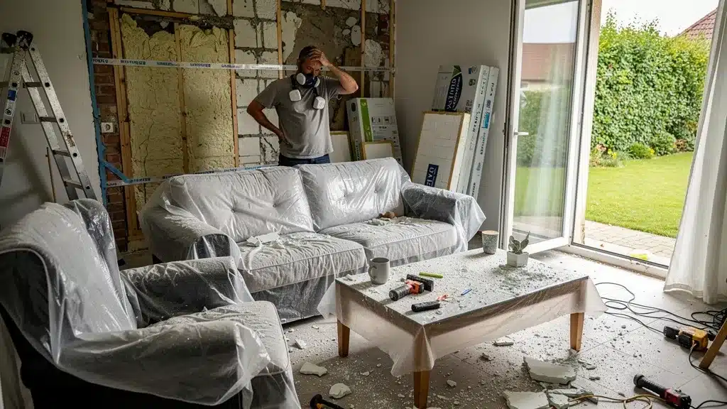 Chantier ITI ou ITE : Impact sur votre surface habitable et jardin - Iti vs ite A messy living room with furniture covered in plastic pour chantier iti ou ite : impact sur votre surface habitable et jardin