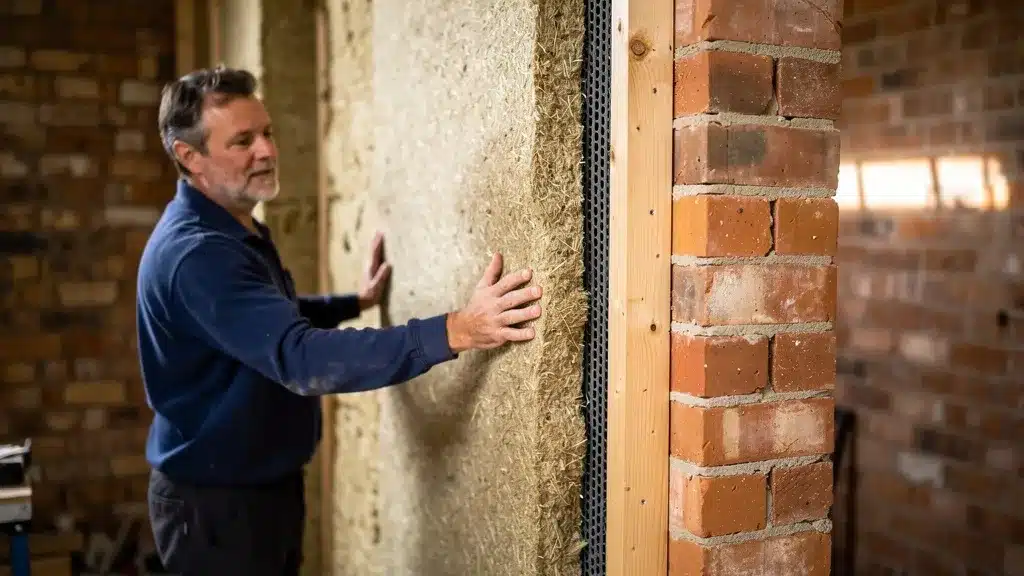 Cross-section illustration of a brick wall insulated with pour performances et r : le confort holistique de l'isolation