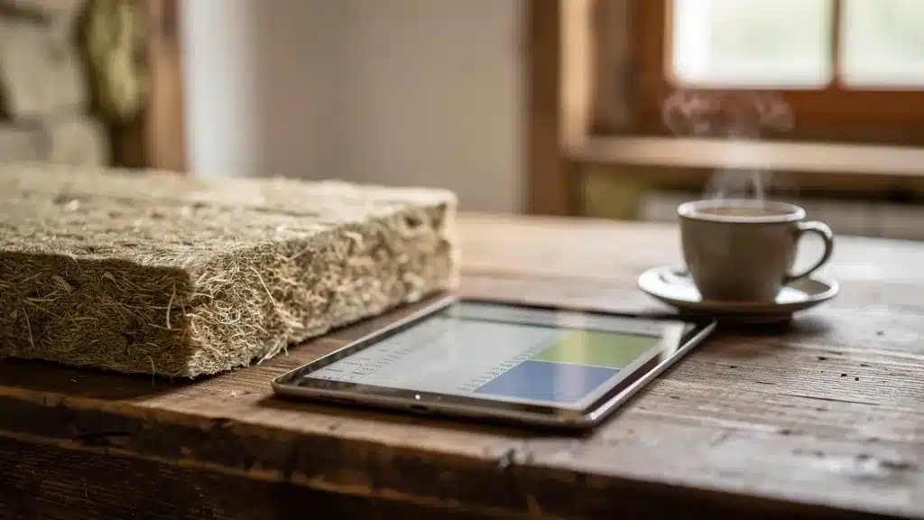 Montrant et maison, table pour prix et rentabilité d'une isolation biosourcée en circuit court