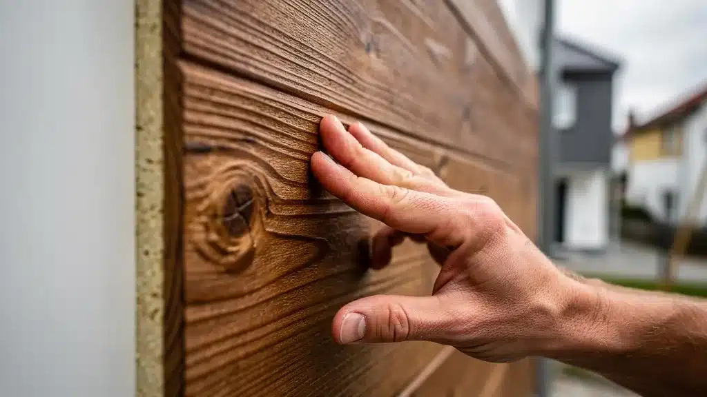 Main, montrant, lumiere illustrant esthétique de façade : crépis minéral, imitation bois ou lisse