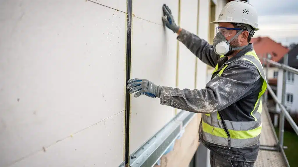 A worker in protective gear applying a special sealing tape pour pose d'une plaque isolation extérieur : éviter les ponts