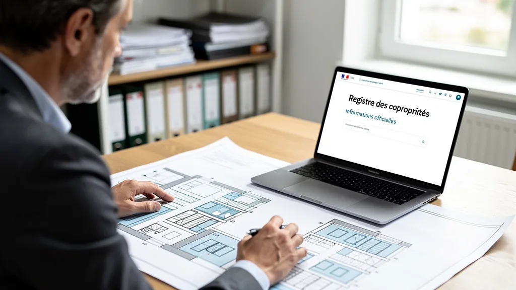 Ordinateur portable et montrant, batiment pour qu'est-ce que le registre des copropriétés et est-il obligatoire en 2026