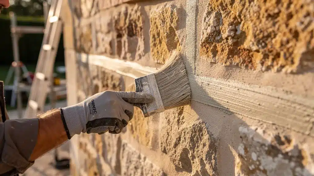 A worker gently brushing the freshly pointed joints of a pour finitions et brossage : sublimer votre joint mur en pierre