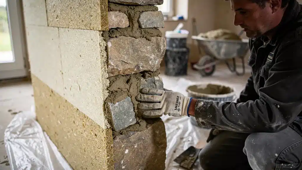 Cross-section architectural illustration showing a stone pour humidité et isolation : l'approche habitologue pour la