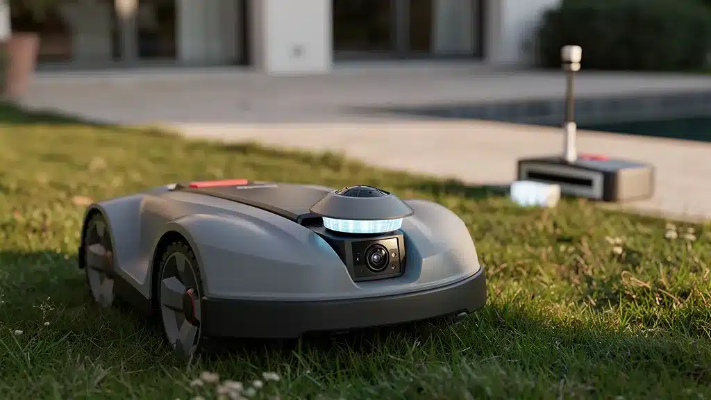 Scene montrant appareil photo, lumiere, gros plan en rapport avec comment fonctionne un robot tondeuse sans fil périphérique