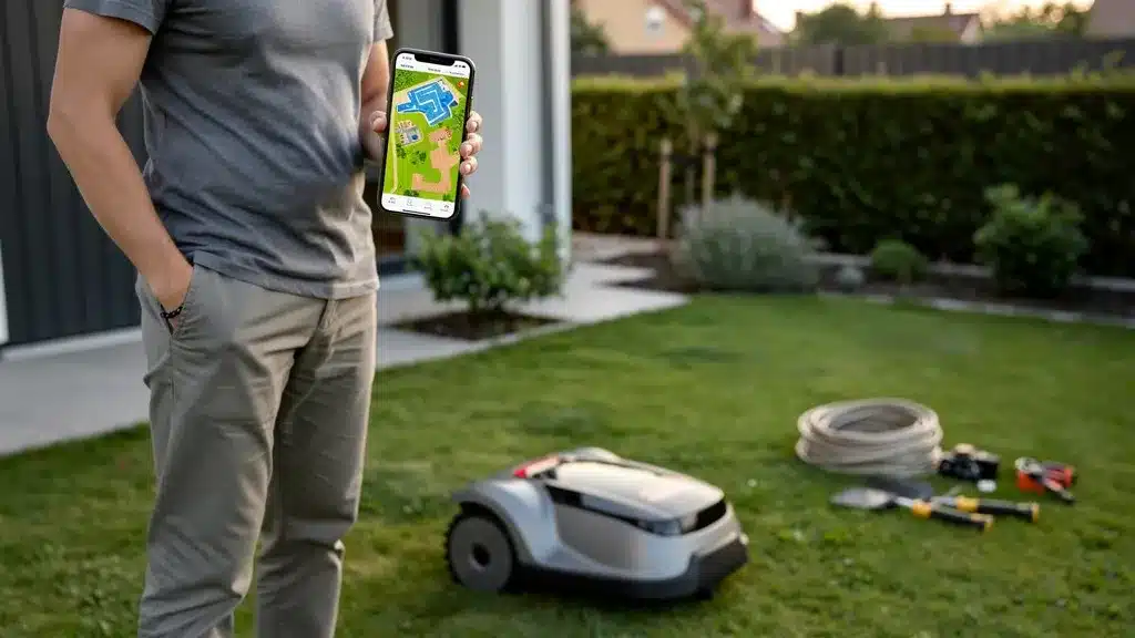 Personne, telephone, smartphone illustrant installation sans câble : configurer son robot en 20 minutes