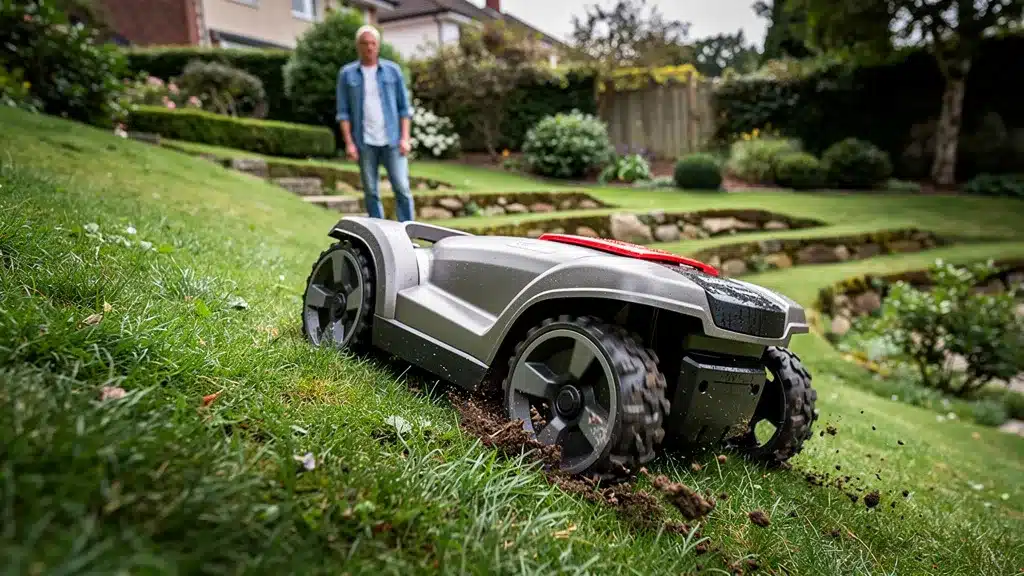 A heavy-duty robotic lawn mower navigating a steep grassy pour pentes et obstacles : la réalité du robot gazon sans fil