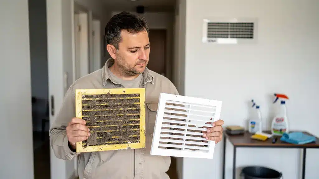 Personne, montrant, tenant illustrant checklist d'entretien : nettoyage des bouches et filtres