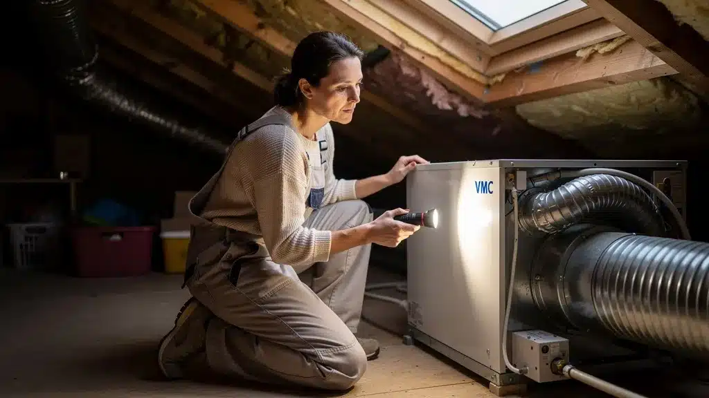 Femme et homme, tenant pour diagnostic vmc bruyante : identifier l'origine exacte